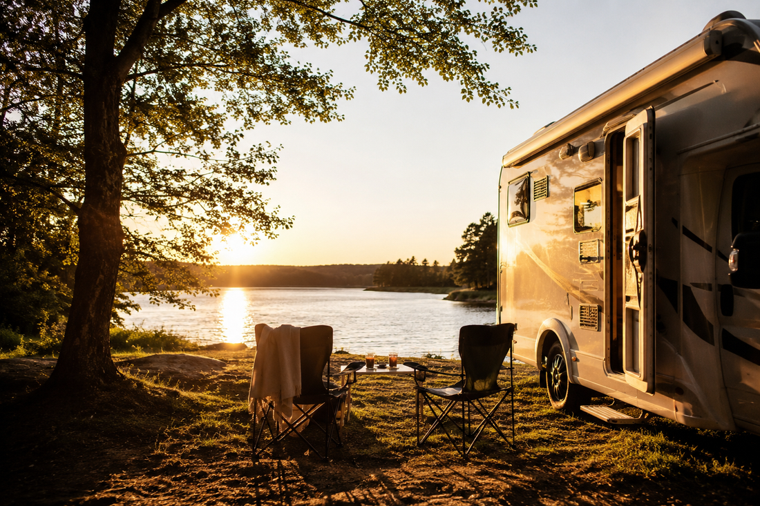 Wohnmobil in malerischer Natur bei goldenem Abendlicht mit Campingstühlen davor