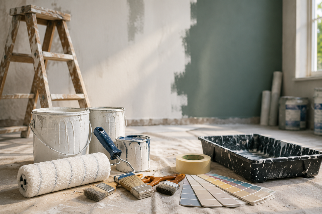 Malerutensilien mit Farbeimern, Pinseln und Farbmustern auf einer Baustelle