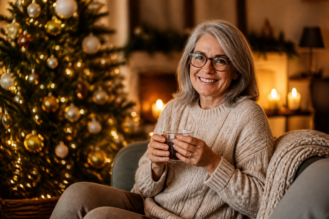 Person sitzt gemütlich am Weihnachtsbaum mit warmem Kerzenlicht und einer Tasse Tee