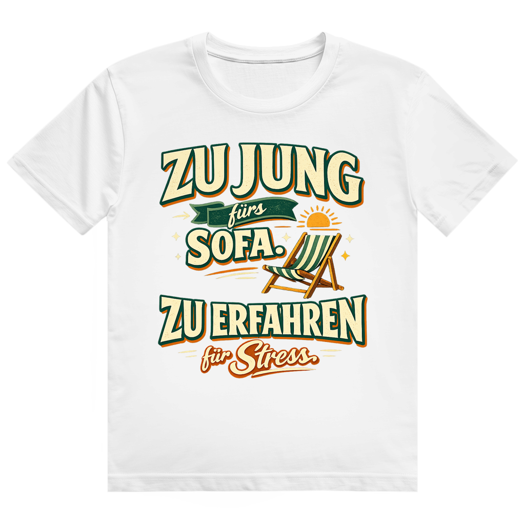Schwarzes Baumwoll-Ruhestand T-Shirt mit Spruch 'Zu jung fürs Sofa' - humorvolles Rentner Geschenk