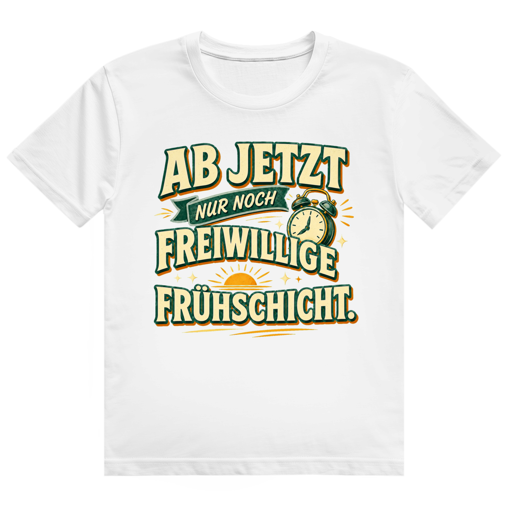 Schwarzes Baumwoll-Ruhestand T-Shirt mit Spruch 'Freiwillige Frühschicht' - humorvolles Rentner Geschenk