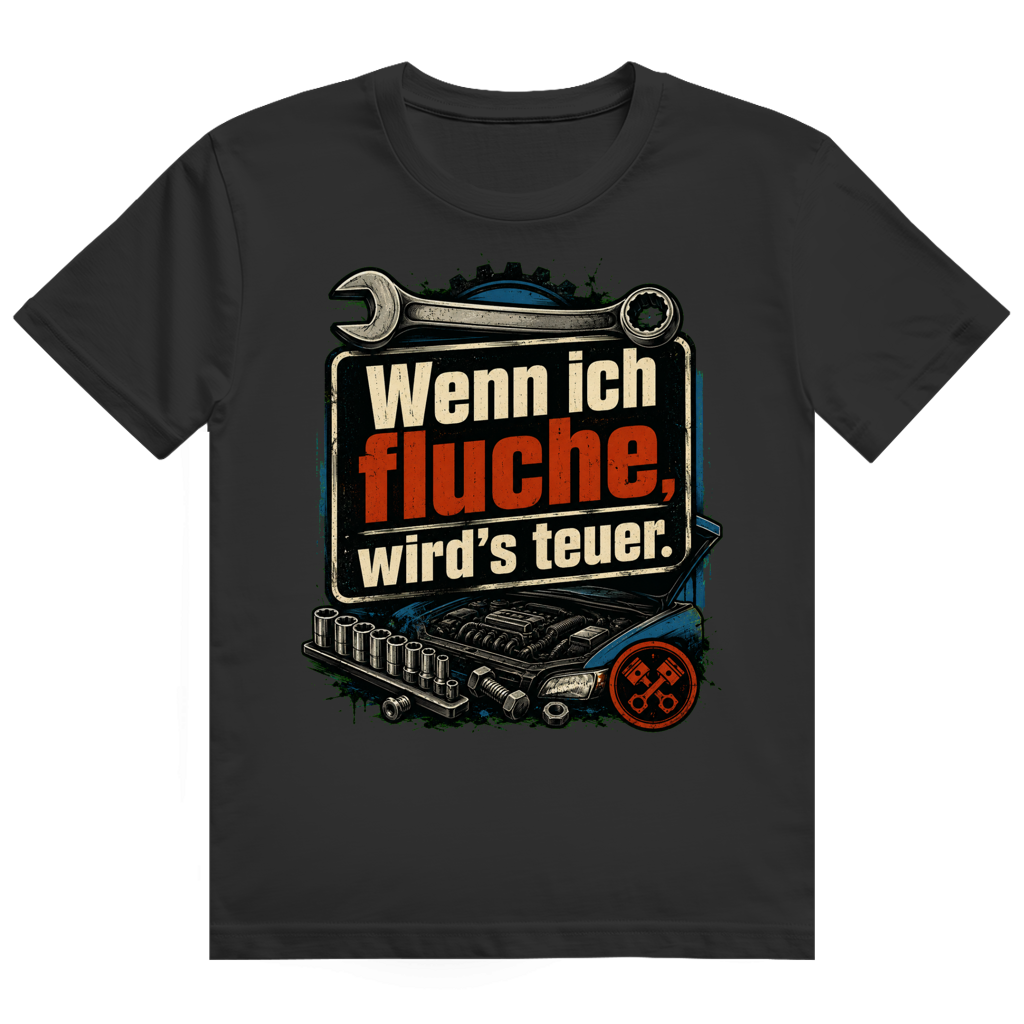 Dunkles KFZ-Mechaniker T-Shirt 'Fluchen Wird Teuer' - Geschenk für Autoliebhaber