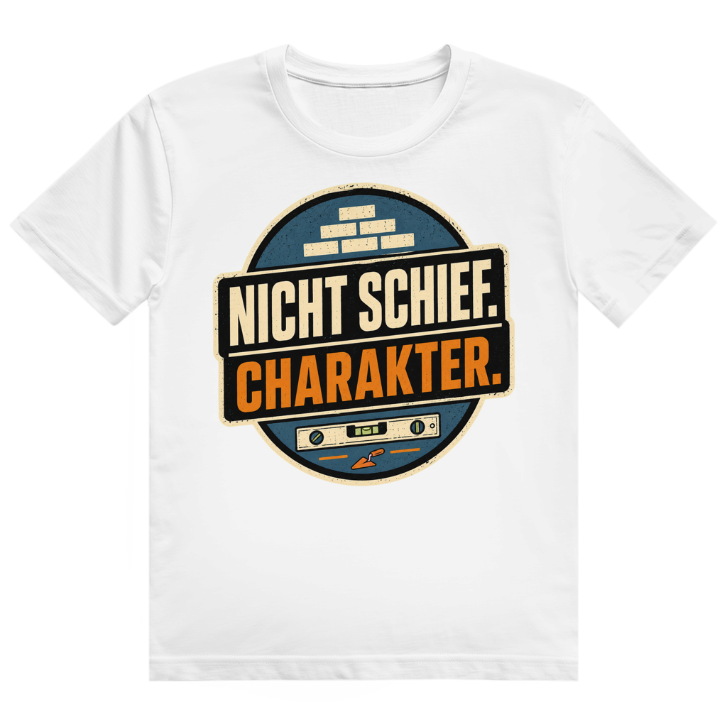 Grau-weißes Baustellen T-Shirt 'Nicht Schief. Charakter.' - Handwerker Geschenk