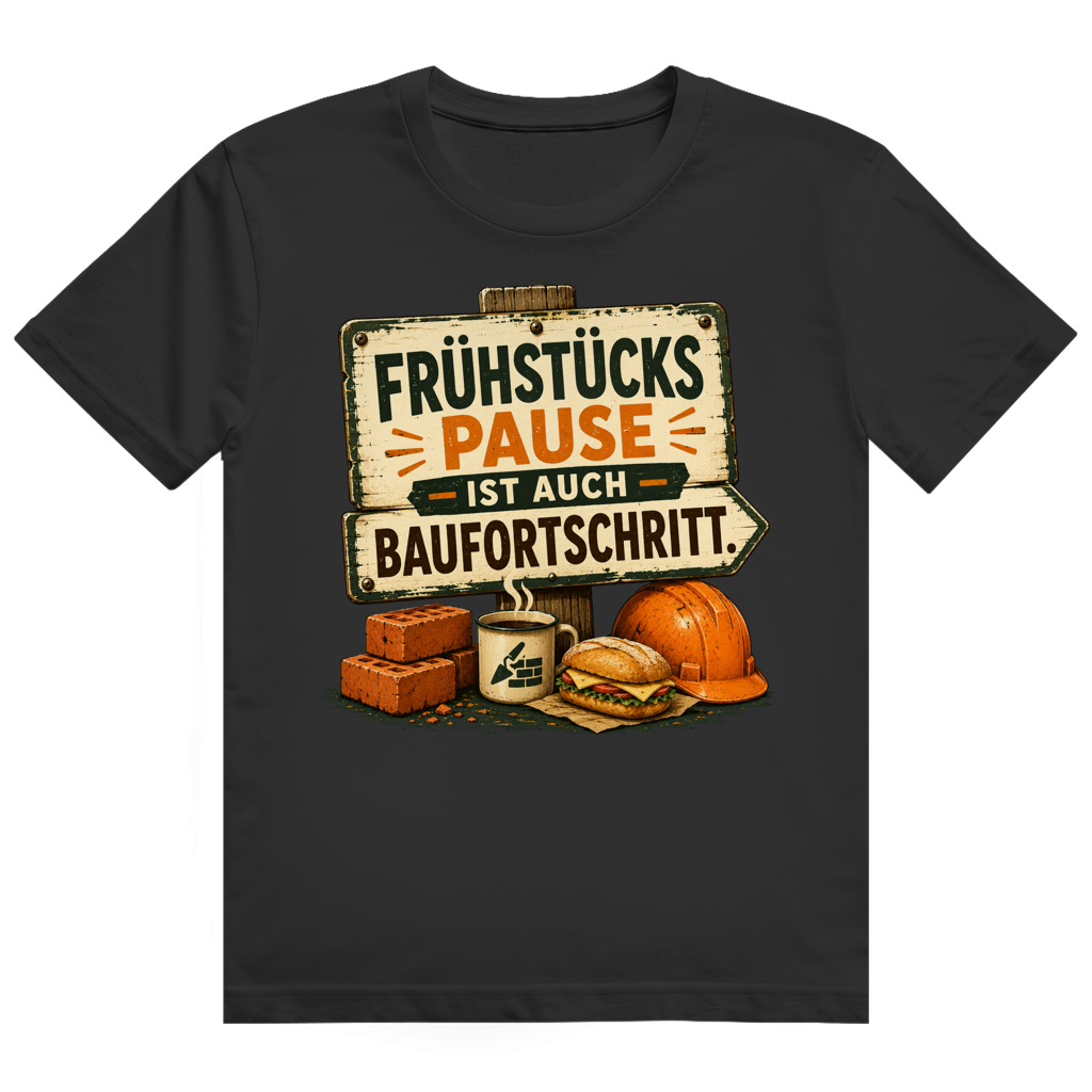 Grau-weißes Baustellen T-Shirt 'Frühstückspause Ist Baufortschritt' - Handwerker Geschenk